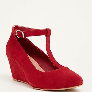 GENUINE SUEDE T-STRAP MINI WEDGES (WIDE WIDTH)